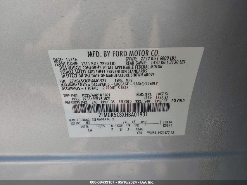 2017 Ford Flex Sel VIN: 2FMGK5C8XHBA01931 Lot: 39439107