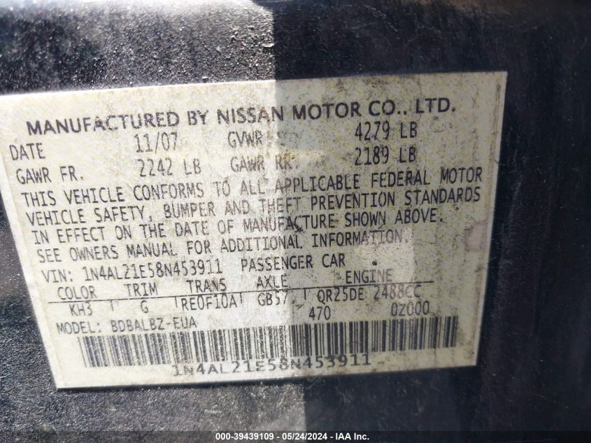 2008 Nissan Altima 2.5 S VIN: 1N4AL21E58N453911 Lot: 39439109