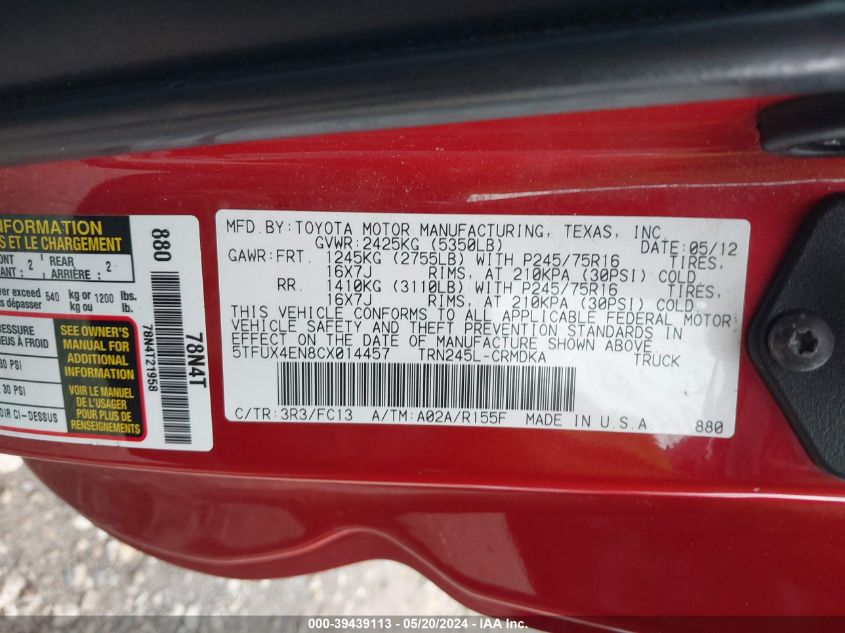 2012 Toyota Tacoma Access Cab VIN: 5TFUX4EN8CX014457 Lot: 39439113