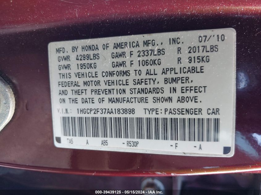 2010 Honda Accord 2.4 Lx VIN: 1HGCP2F37AA183898 Lot: 39439125