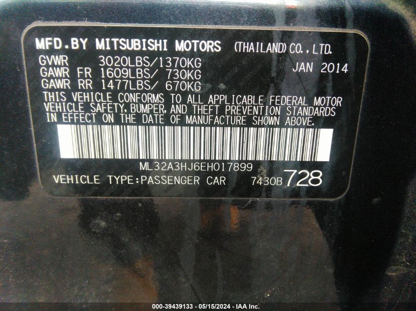 2014 Mitsubishi Mirage De VIN: ML32A3HJ6EH017899 Lot: 39439133