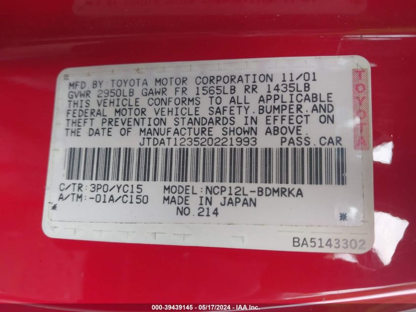 2002 Toyota Echo VIN: JTDAT123520221993 Lot: 39439145