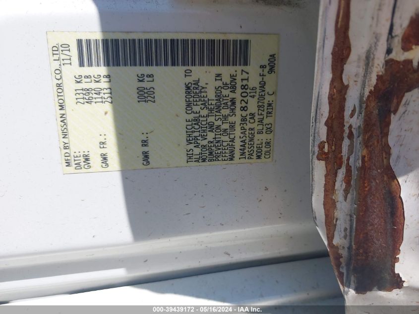 2011 Nissan Maxima 3.5 Sv VIN: 1N4AA5AP3BC820817 Lot: 39439172