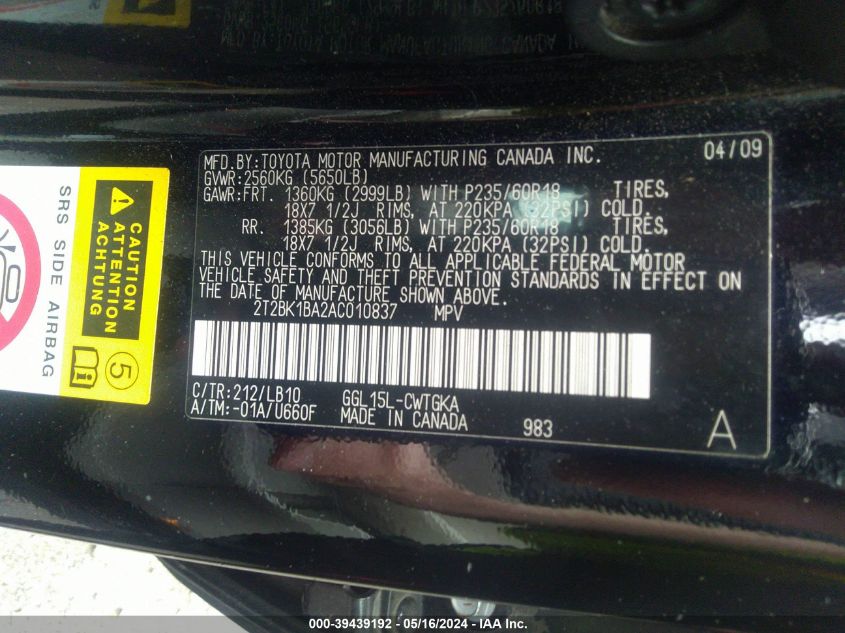 2T2BK1BA2AC010837 2010 Lexus Rx 350