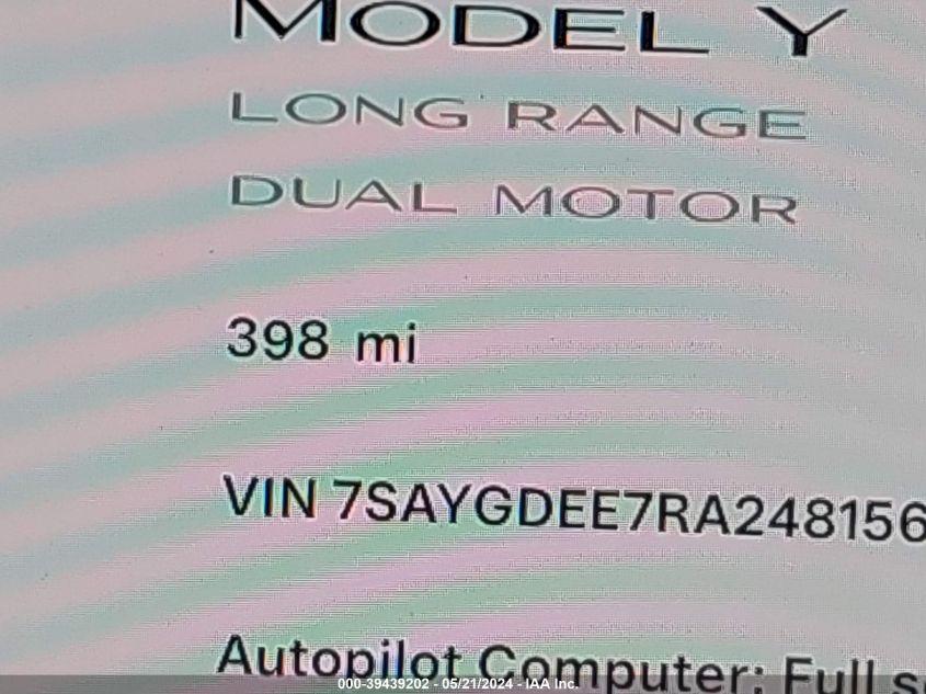 2024 Tesla Model Y Long Range Dual Motor All-Wheel Drive VIN: 7SAYGDEE7RA248156 Lot: 39439202