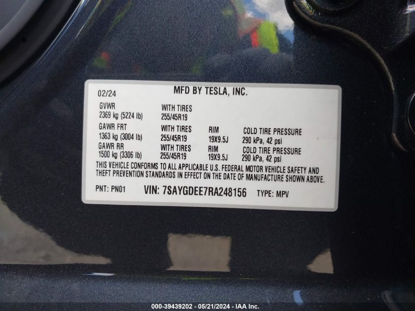 2024 Tesla Model Y Long Range Dual Motor All-Wheel Drive VIN: 7SAYGDEE7RA248156 Lot: 39439202
