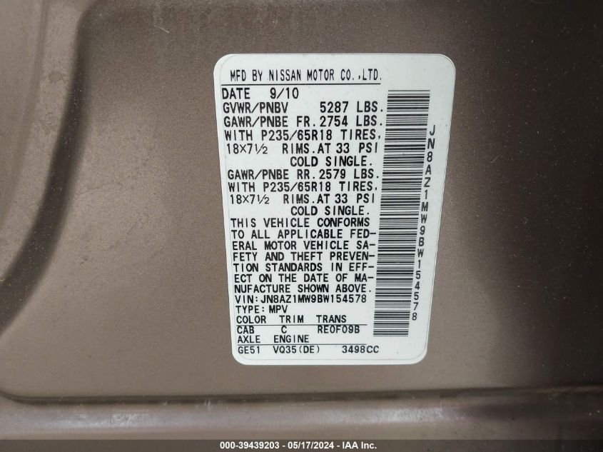 2011 Nissan Murano Sl VIN: JN8AZ1MW9BW154578 Lot: 39439203