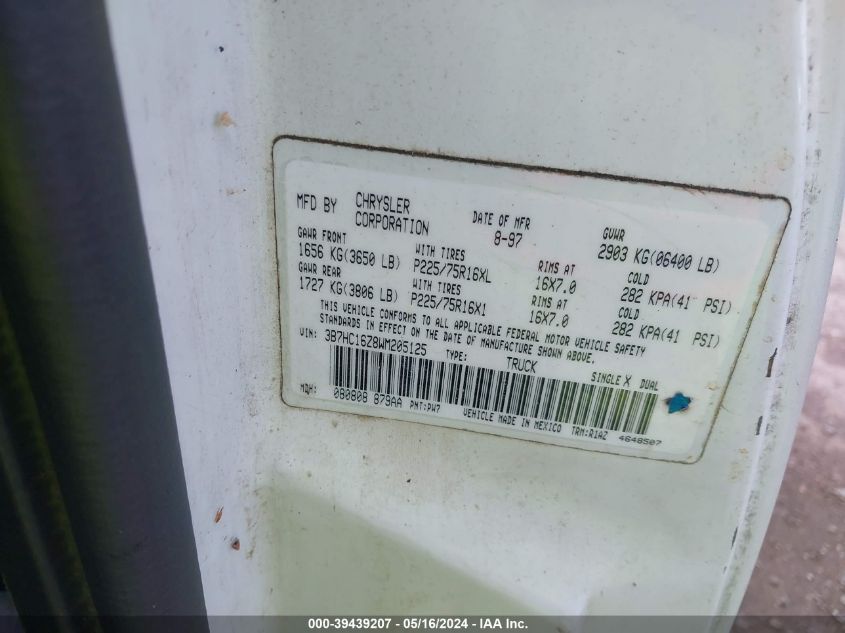 1998 Dodge Ram 1500 St VIN: 3B7HC16Z8WM205125 Lot: 39439207