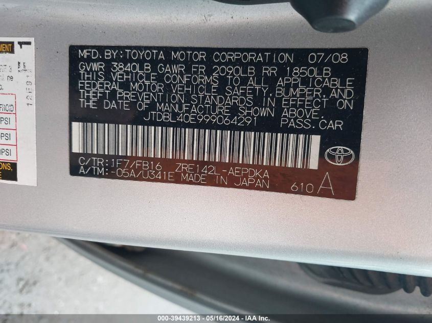 2009 Toyota Corolla Le VIN: JTDBL40E999064291 Lot: 39439213