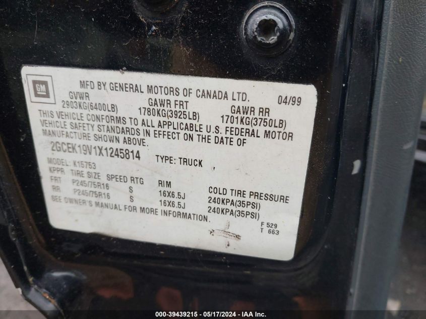 1999 Chevrolet Silverado 1500 Ls VIN: 2GCEK19V1X1245814 Lot: 39439215