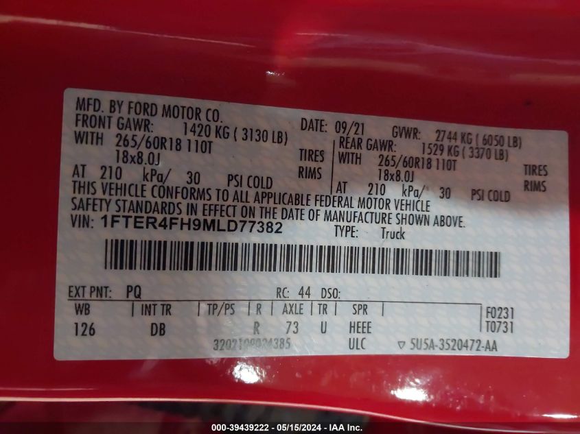 2021 Ford Ranger Lariat VIN: 1FTER4FH9MLD77382 Lot: 39439222