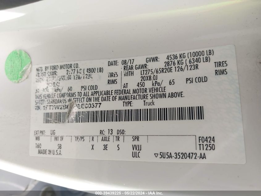 2017 Ford F-250 Lariat VIN: 1FT7W2B69HEE60377 Lot: 39439225