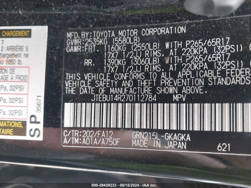 2007 Toyota 4Runner Sr5 V6 VIN: JTEBU14R270112784 Lot: 39439233
