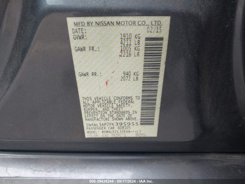 2015 Nissan Altima 2.5 S VIN: 1N4AL3AP2FN395955 Lot: 39439244