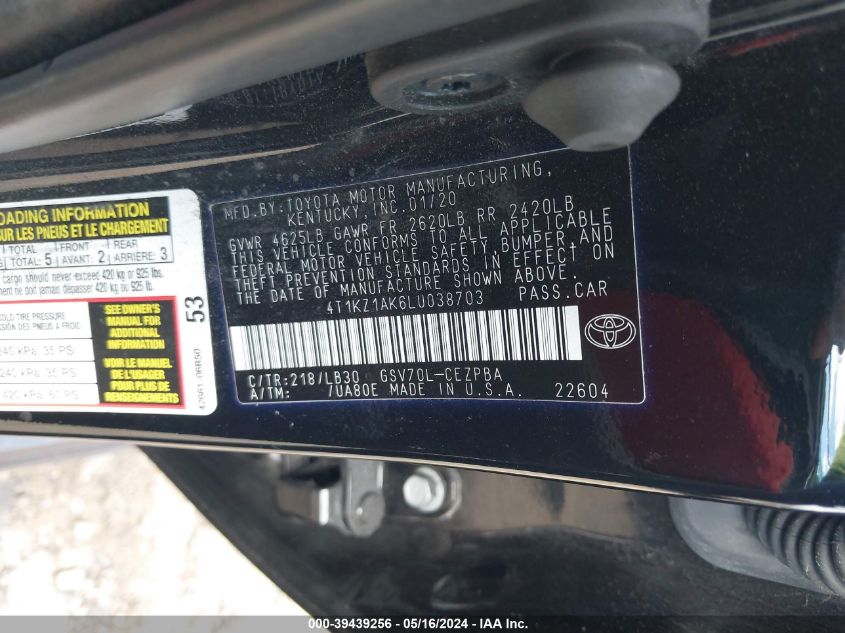 2020 Toyota Camry Xse V6 VIN: 4T1KZ1AK6LU038703 Lot: 39439256