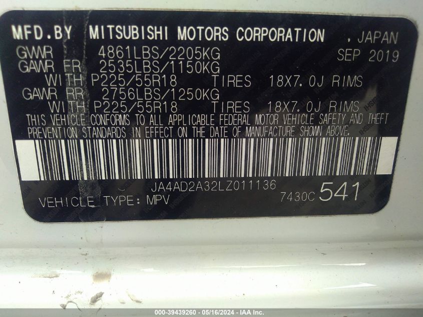 2020 Mitsubishi Outlander Es 2.4 VIN: JA4AD2A32LZ011136 Lot: 39439260