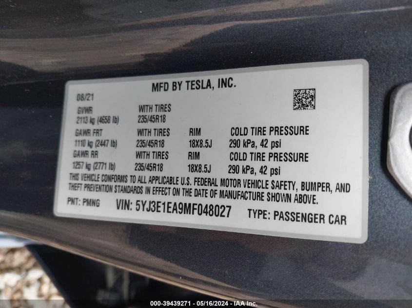 2021 Tesla Model 3 Standard Range Plus Rear-Wheel Drive VIN: 5YJ3E1EA9MF048027 Lot: 39439271