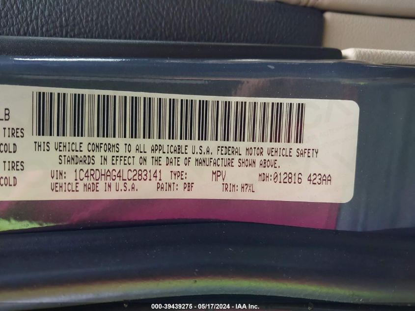 2020 Dodge Durango Sxt Rwd VIN: 1C4RDHAG4LC283141 Lot: 39439275