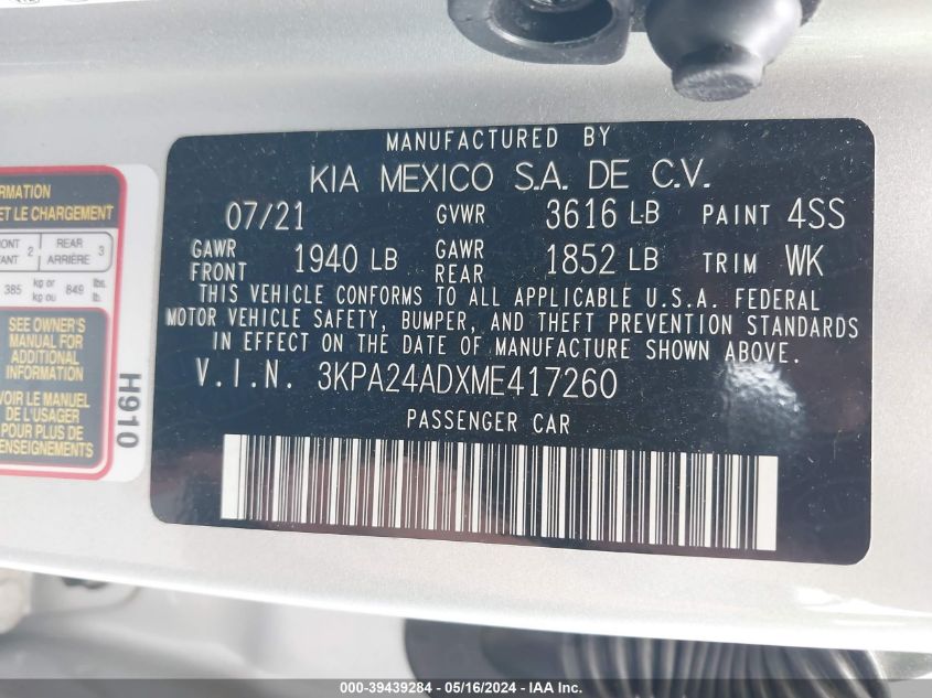 2021 Kia Rio Lx VIN: 3KPA24ADXME417260 Lot: 39439284