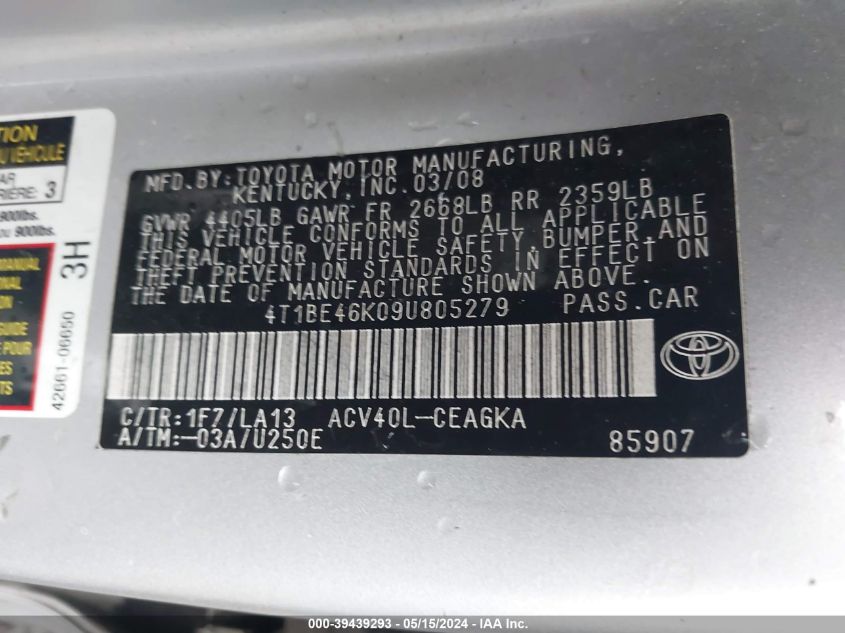 2009 Toyota Camry Xle VIN: 4T1BE46K09U805279 Lot: 39439293