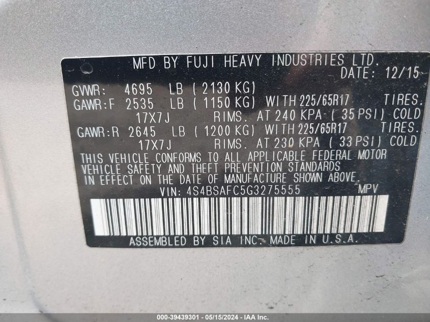 2016 Subaru Outback 2.5I Premium VIN: 4S4BSAFC5G3275555 Lot: 39439301