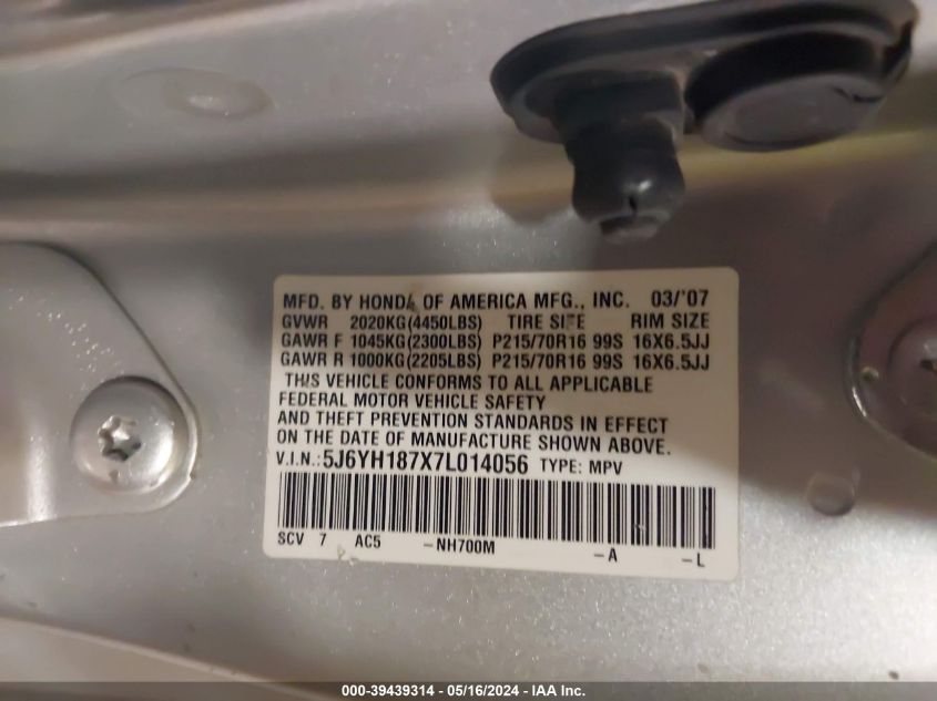 2007 Honda Element Ex VIN: 5J6YH187X7L014056 Lot: 39439314