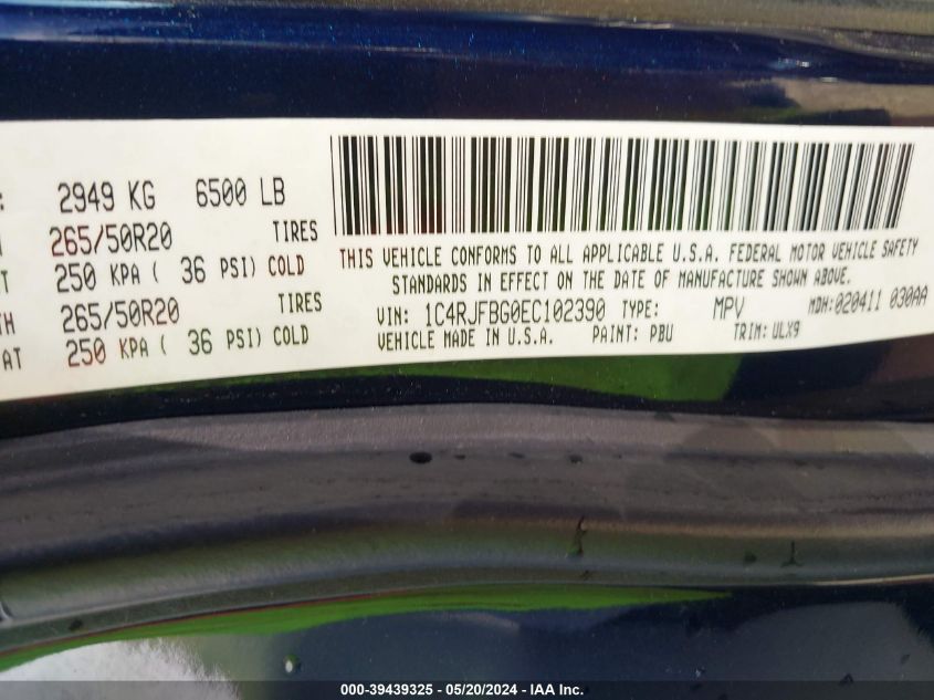 2014 Jeep Grand Cherokee Limited VIN: 1C4RJFBG0EC102390 Lot: 39439325