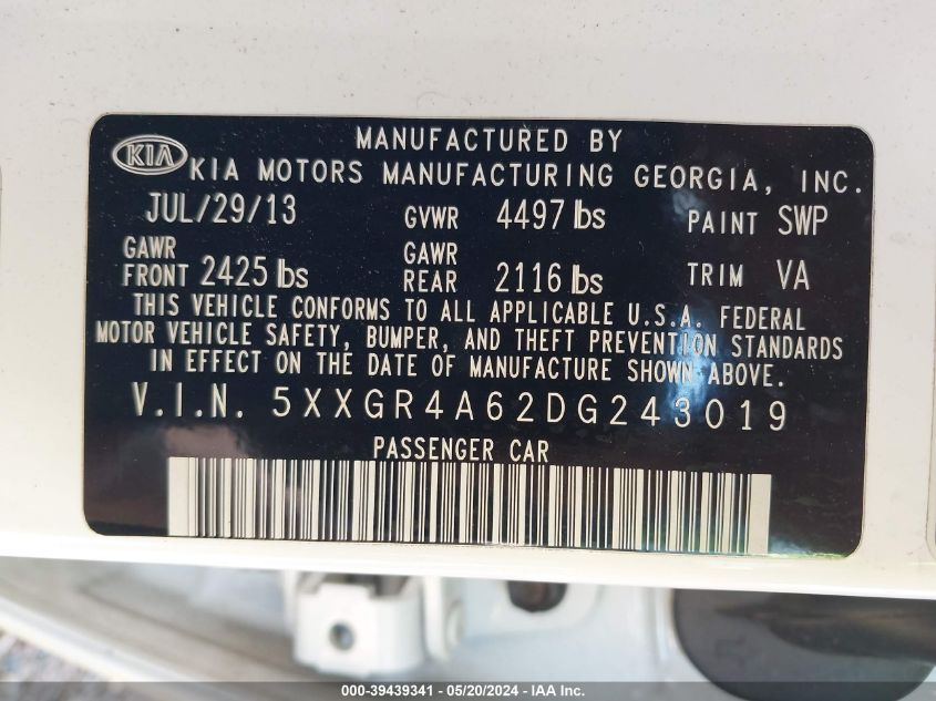 2013 Kia Optima Sx VIN: 5XXGR4A62DG243019 Lot: 39439341