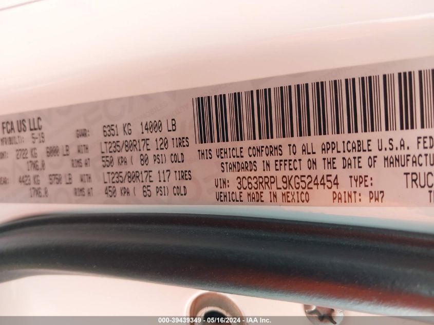 2019 Ram 3500 Limited Mega Cab 4X4 6'4 Box VIN: 3C63RRPL9KG524454 Lot: 39439349