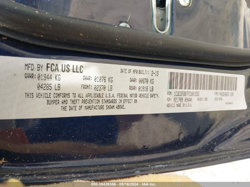 2015 Dodge Dart Sxt VIN: 1C3CDFBB7FD301552 Lot: 39439356