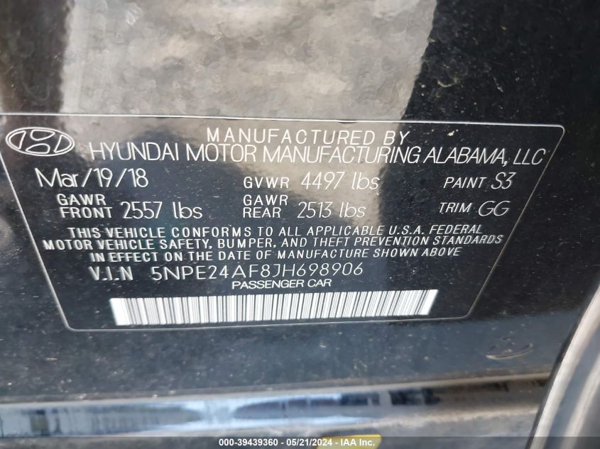 2018 Hyundai Sonata Se VIN: 5NPE24AF8JH698906 Lot: 39439360