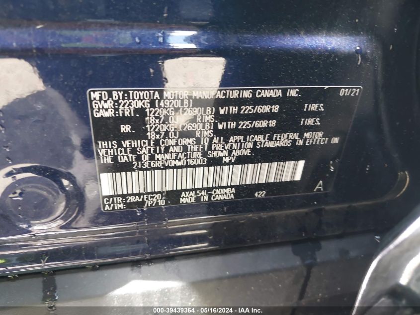 2021 Toyota Rav4 Xse Hybrid VIN: 2T3E6RFV0MW016003 Lot: 39439364