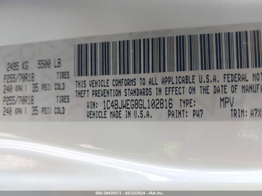 2016 Jeep Wrangler Unlimited Sahara VIN: 1C4BJWEG8GL102816 Lot: 39439373