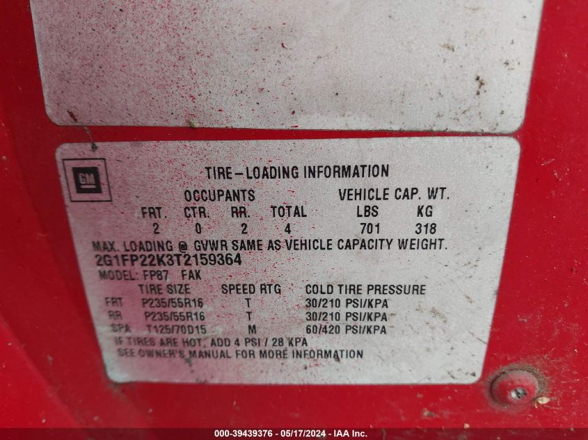 1996 Chevrolet Camaro Rs VIN: 2G1FP22K3T2159364 Lot: 39439376