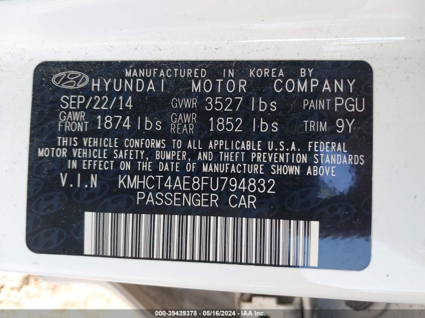 2015 Hyundai Accent Gls VIN: KMHCT4AE8FU794832 Lot: 39439378