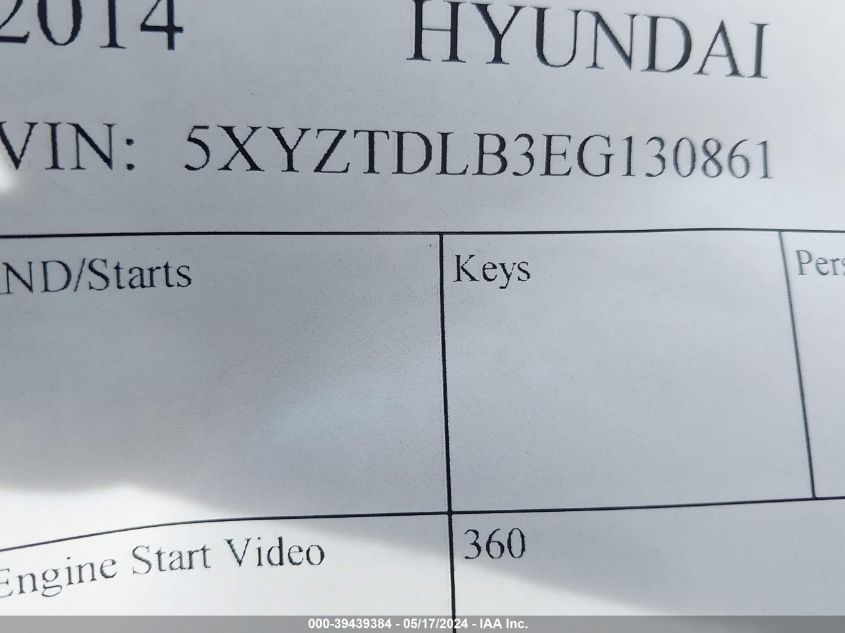 2014 Hyundai Santa Fe Sport VIN: 5XYZTDLB3EG130861 Lot: 39439384