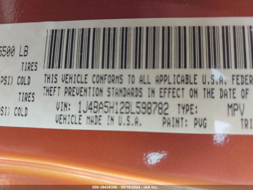 2011 Jeep Wrangler Unlimited Sahara VIN: 1J4BA5H12BL598782 Lot: 39439386