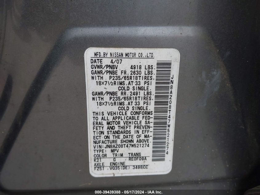 2007 Nissan Murano Sl VIN: JN8AZ08T47W521274 Lot: 39439388