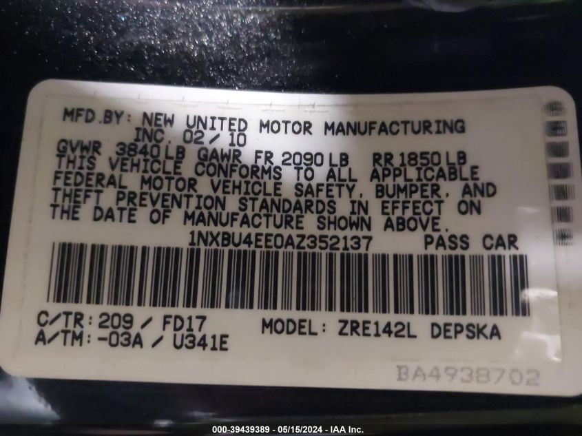 2010 Toyota Corolla S VIN: 1NXBU4EE0AZ352137 Lot: 39439389