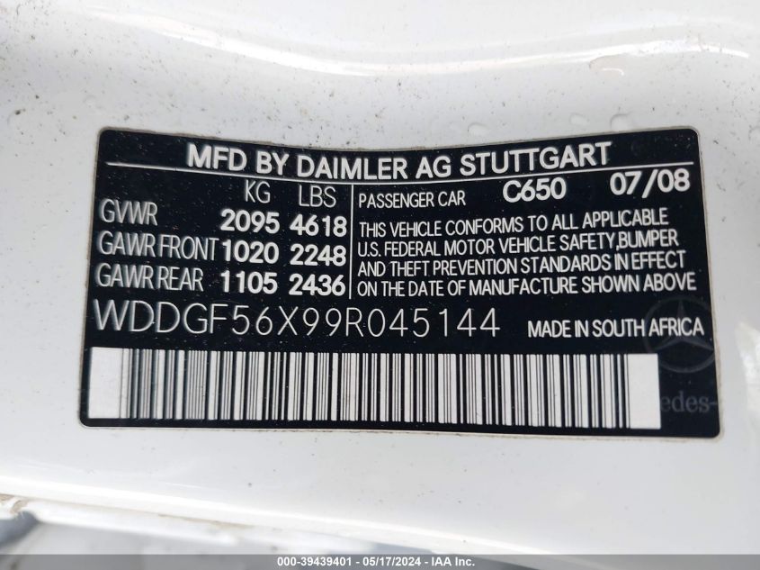 2009 Mercedes-Benz C 350 Sport VIN: WDDGF56X99R045144 Lot: 39439401