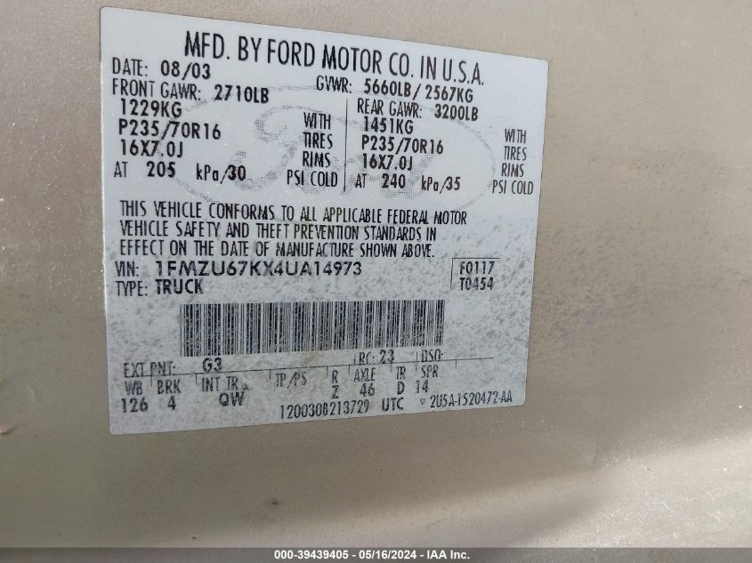 2004 Ford Explorer Sport Trac Adrenalin/Xls/Xlt VIN: 1FMZU67KX4UA14973 Lot: 39439405