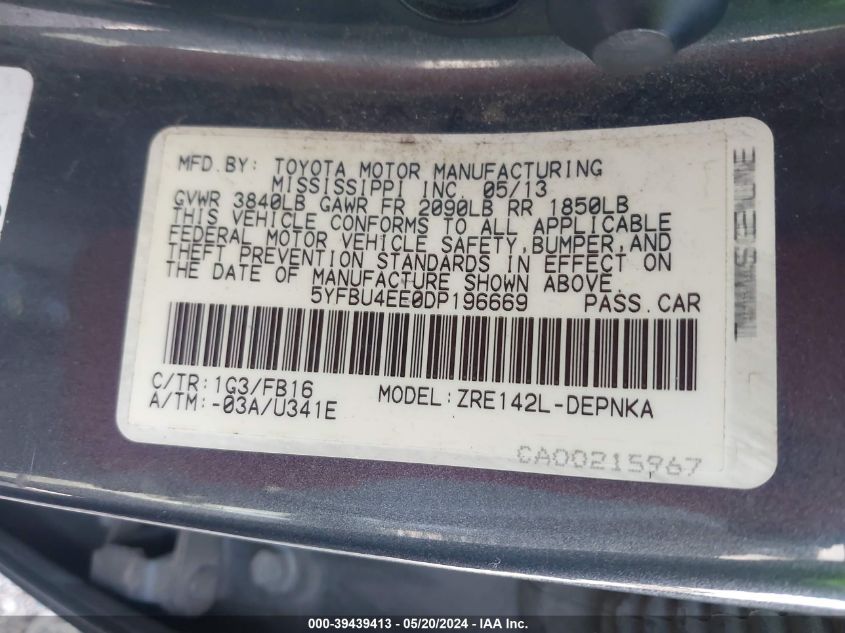 2013 TOYOTA COROLLA LE - 5YFBU4EE0DP196669