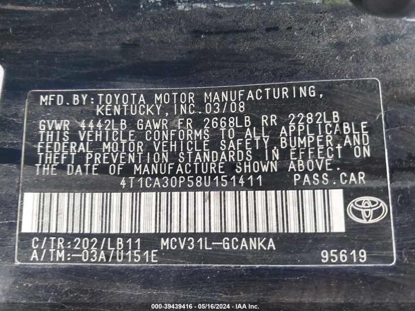 2008 Toyota Camry Solara Sport V6 VIN: 4T1CA30P58U151411 Lot: 39439416