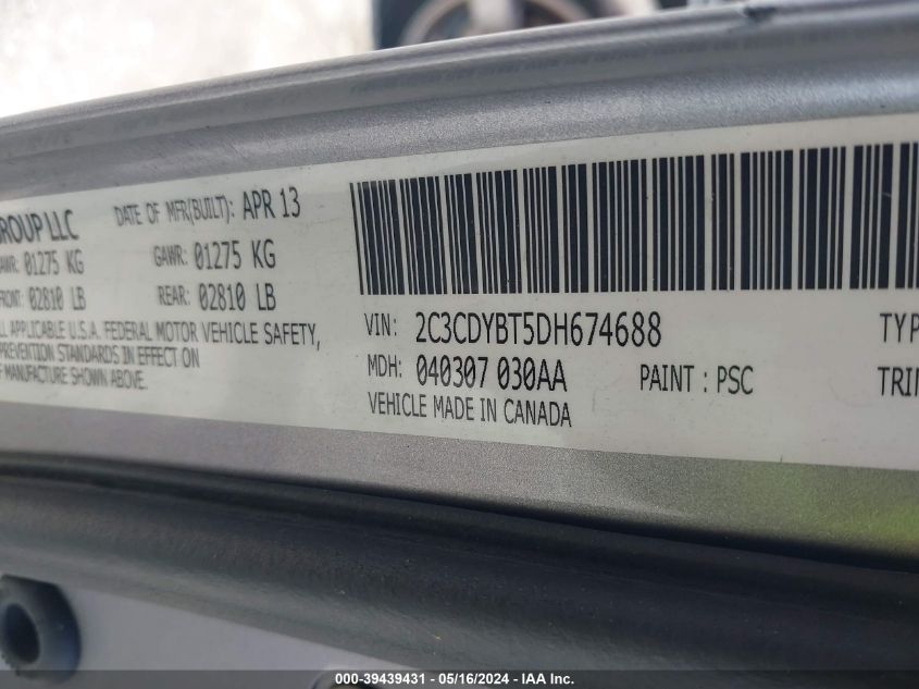 2013 Dodge Challenger R/T VIN: 2C3CDYBT5DH674688 Lot: 39439431