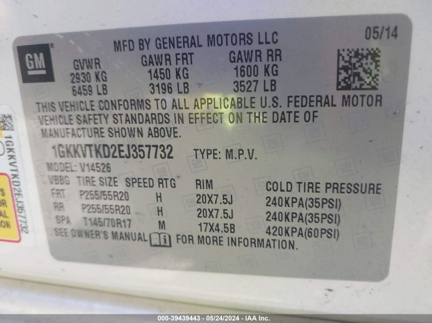 2014 GMC Acadia Denali VIN: 1GKKVTKD2EJ357732 Lot: 39439443