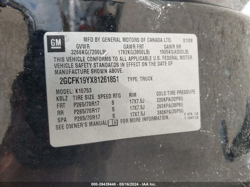 2008 Chevrolet Silverado 1500 Lt2 VIN: 2GCFK19YX81261851 Lot: 39439448