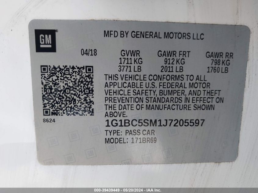 2018 Chevrolet Cruze Ls Auto VIN: 1G1BC5SM1J7205597 Lot: 39439449