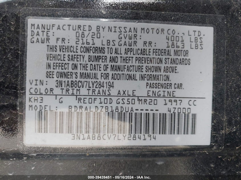 2020 NISSAN SENTRA VIN: 3N1AB8CV7LY284194