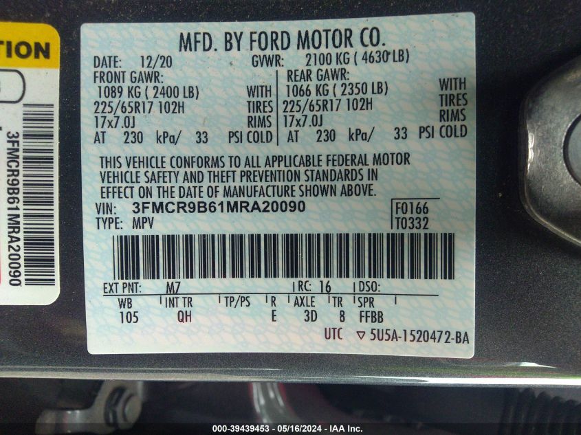 2021 Ford Bronco Sport Big Bend VIN: 3FMCR9B61MRA20090 Lot: 39439453