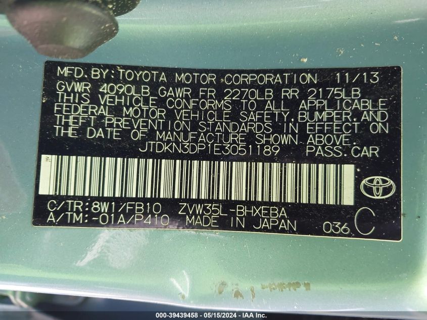 2014 Toyota Prius Plug-In VIN: JTDKN3DP1E3051189 Lot: 39439458
